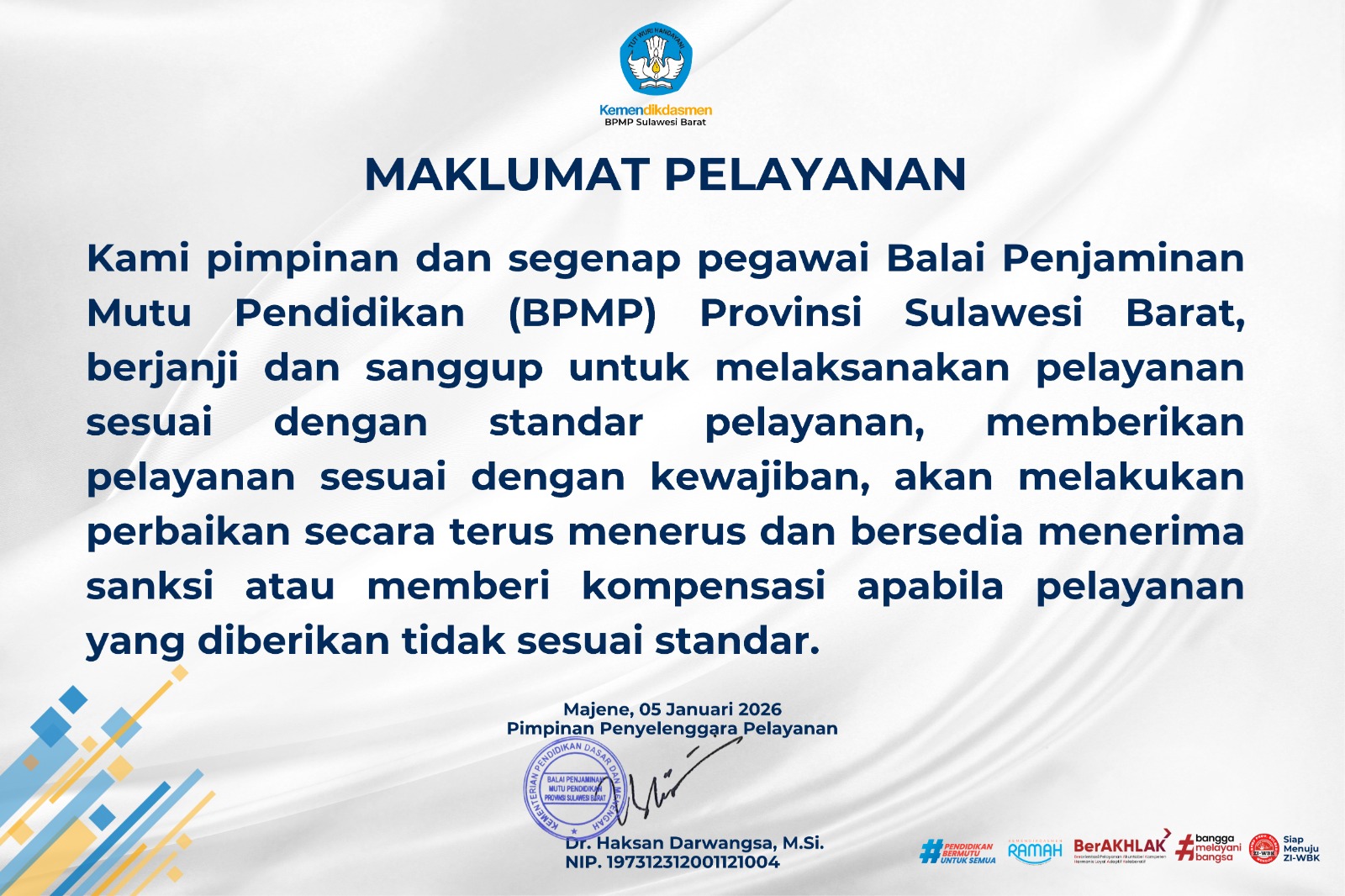 Maklumat Pelayanan BPMP SULBAR